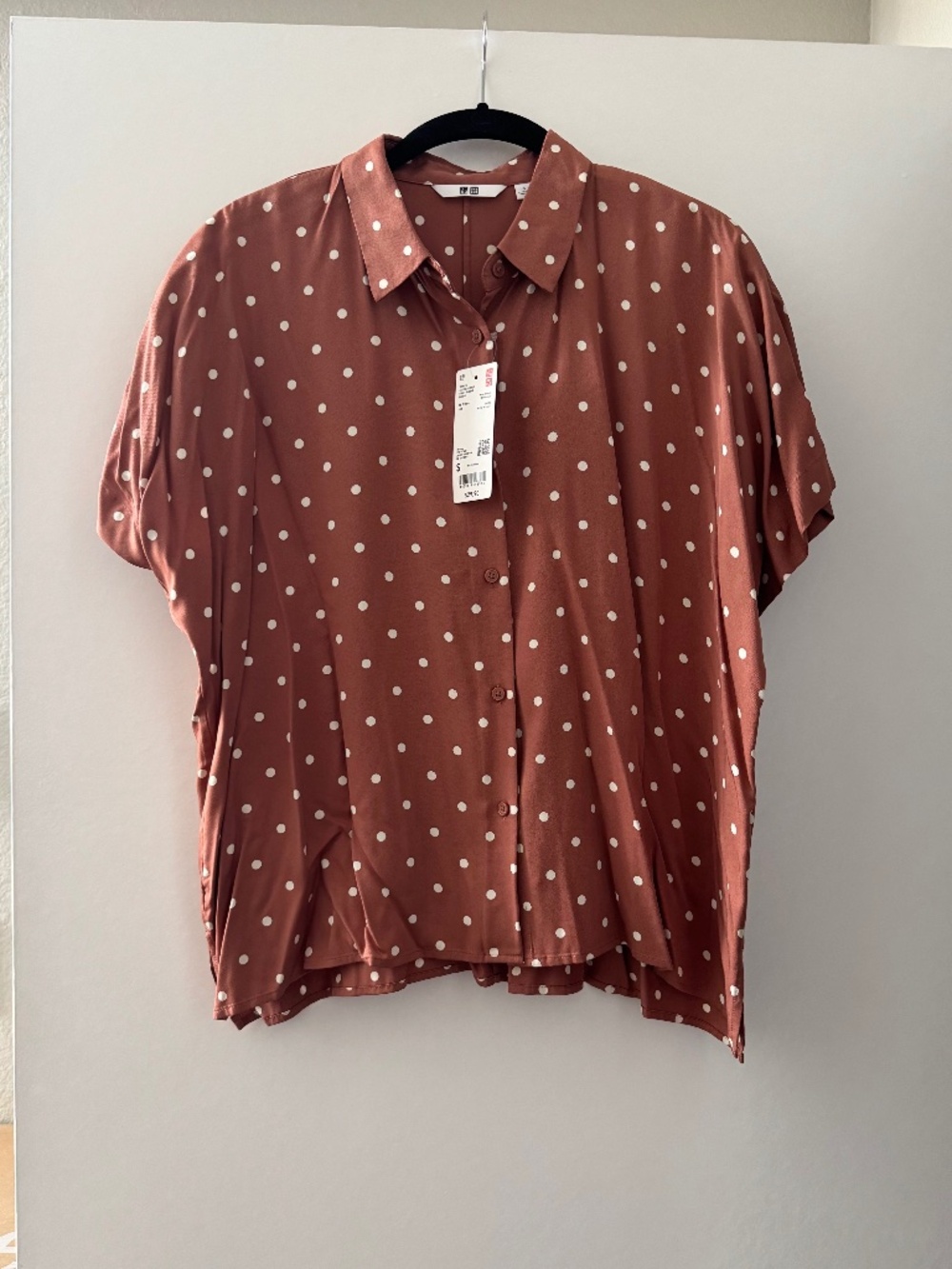 UNIQLO Rayon Polka Dot Short Sleeve Blouse Brown Size S NWT